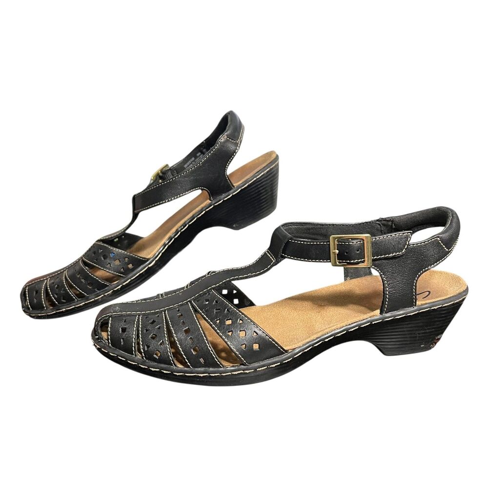 Clarks Sandals Womens Size 9 Black Leather T-Strap Slingback Low Wedge 26095E108 - Picture 3 of 14